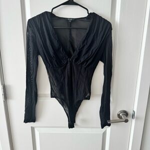 Black mesh long-sleeve bodysuit